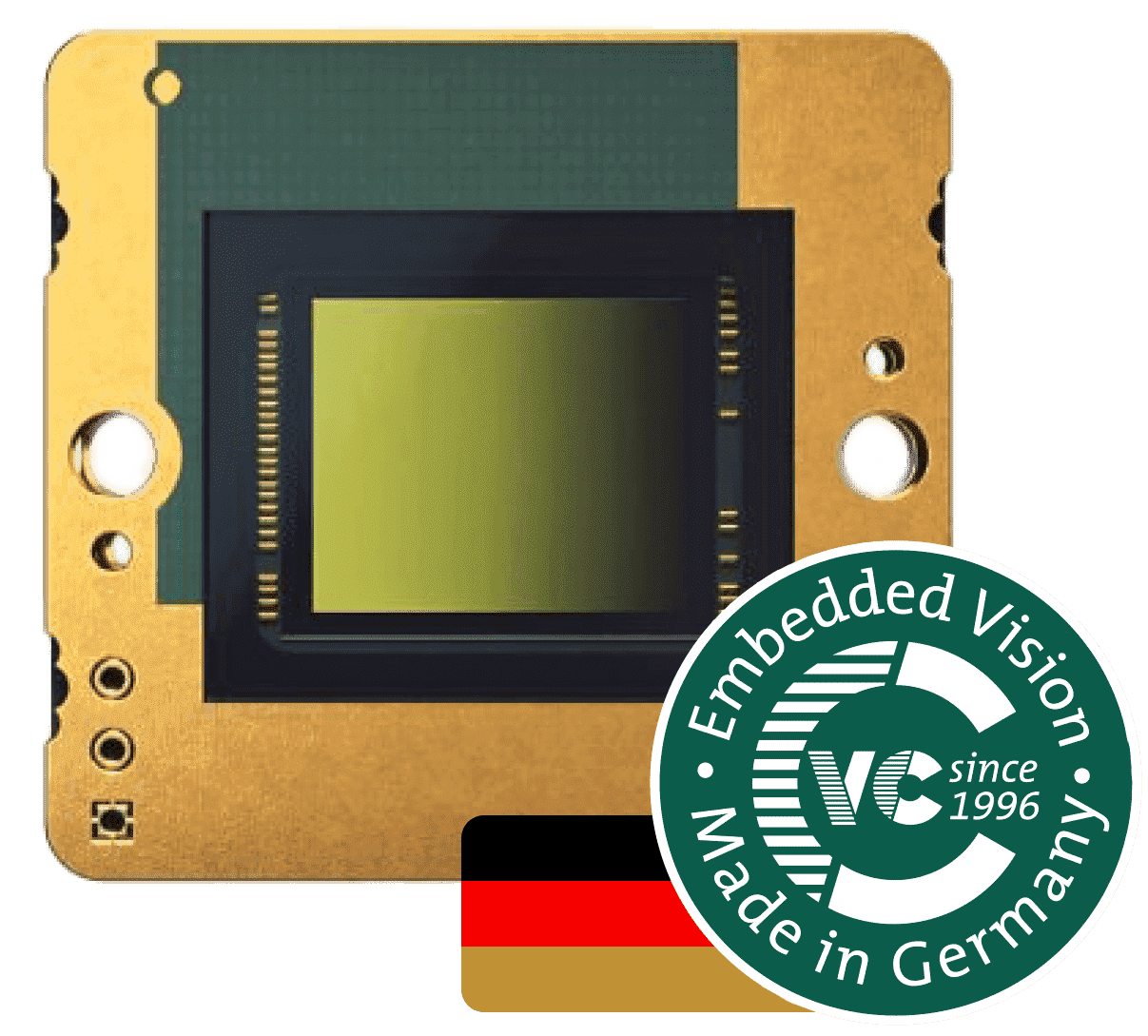 MIPI Kameramodul mit VC-Made-in-Germany-Stempel und Deutschlandflagge